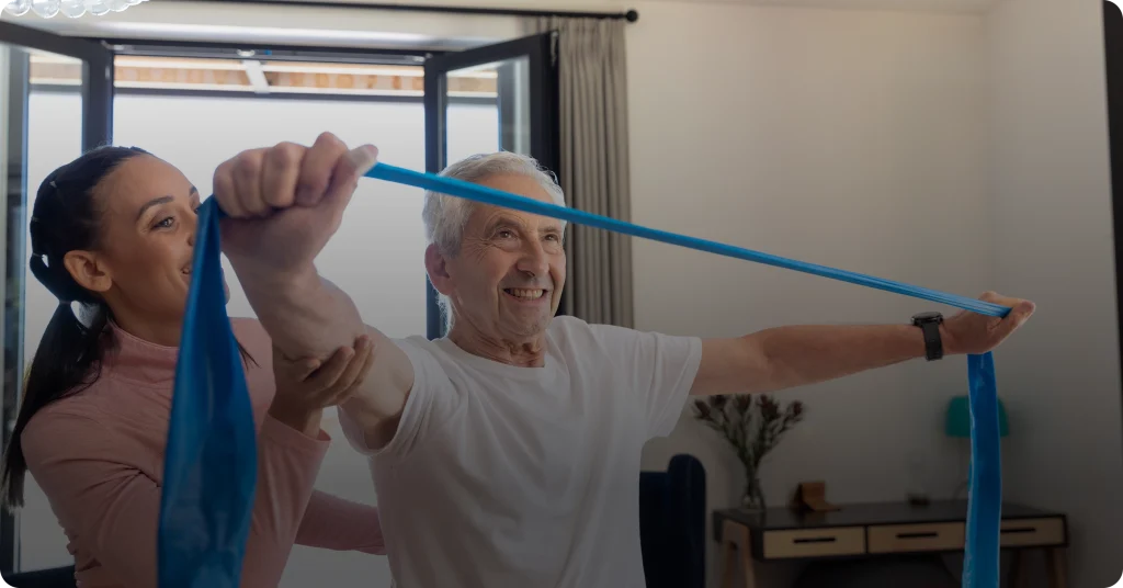 Person stretching with resistance band at home