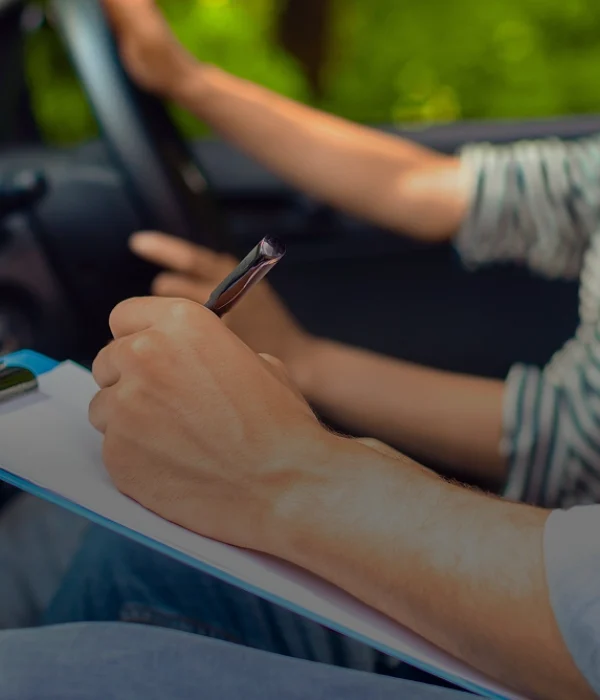 Person writing notes on a clipboard while seated